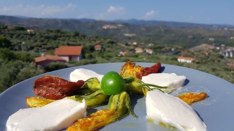 Eine elegante Platte zeigt Zucchiniblüten und frische Mozzarella, präsentiert vor einer malerischen Landschaft.