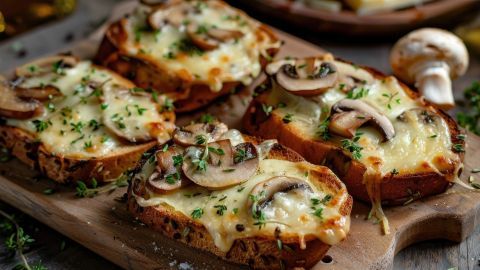 Leckere Champignon-Toaststücke, überbacken mit Käse und Pilzen, angerichtet auf einem Holzbrett in gemütlicher Umgebung.