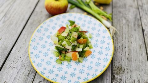 Auf einem bunten Teller liegt frisch zubereiteter Sellerie-Apfel-Salat mit Datteln und Nüssen, umgeben von frischen Zutaten.