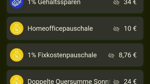Eine Liste mit vier Sparmethoden zeigt Beträge: "1% Gehaltssparen 34 €", "Homeofficepauschale 10 €", "1% Fixkostenpauschale 8,76 €", "Doppelte Quersumme Sonnt 24 €".