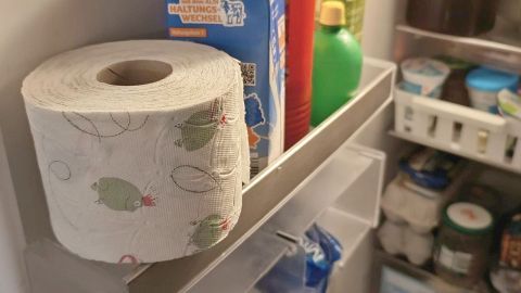 Toilettenpapier liegt im Kühlschrank neben Getränkekartons und Flaschen zur Geruchsneutralisierung. Datum: 1. Sept. 2024, 14:06.