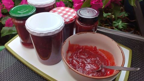 Eine Schale mit Zwetschgenmus neben fünf Marmeladengläsern auf einem Tablett, umgeben von pinken Blüten im Freien. Text: 9. Sept. 2024, 18:46.