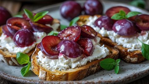 Crostini mit Ziegenkäse-Creme und frischen Zwetschgen, garniert mit Basilikumblättern, auf rustikalem Teller serviert.