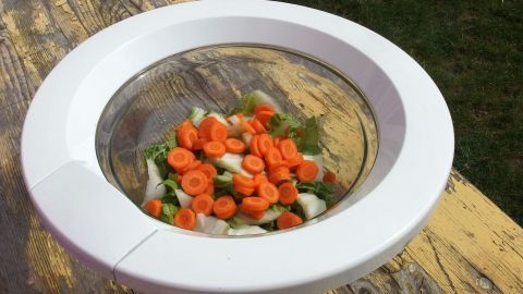 Ein Waschmaschinenbullauge dient als kreative Salatschüssel, liebevoll gefüllt mit frischen Karotten und Salat.