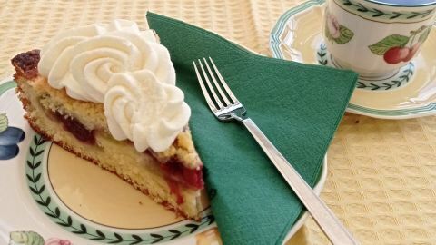 Genieße ein Stück Rhabarber-Kirsch-Kuchen mit Streuseln und Sahne – passt perfekt zu einer Tasse Kaffee oder Tee.