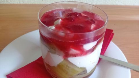Schicht für Schicht ein Genuss: Das Rhabarber-Quark-Dessert mit Preiselbeere aus dem Rezept sorgt für fruchtig-cremige Abwechslung zum Nachtisch.