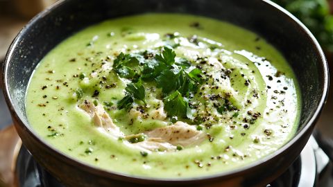 Diese cremige Erbsensuppe mit Rahm und frischen Kräutern bringt den vollen Geschmack aus dem Artikel auf deinen Tisch.