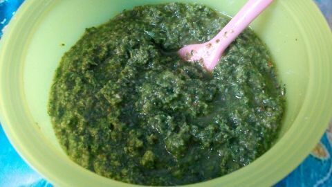 Selbstgemachtes Möhrengrün-Pesto mit Haselnuss und Parmesan.