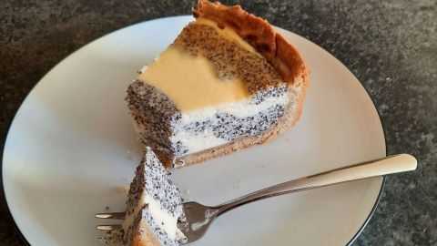 Ein appetitliches Stück meines Käsekuchens mit Mohn liegt hier auf dem Teller. Wer kommt zuerst?