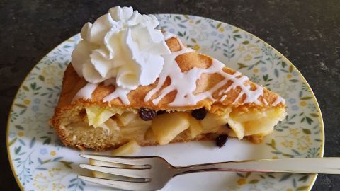 Man kann diesem Stück vom gedeckten Apfelkuchen mit Rosinen und Korinthen ansehen, dass er lecker schmeckt.