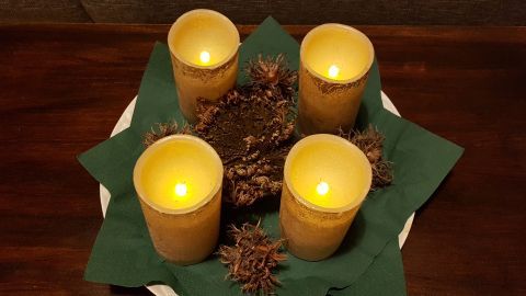 Adventliches Arrangement: Auferstehungspflanze und Kerzen sorgen für natürliche Atmosphäre und festliche Stimmung auf deinem Tisch.