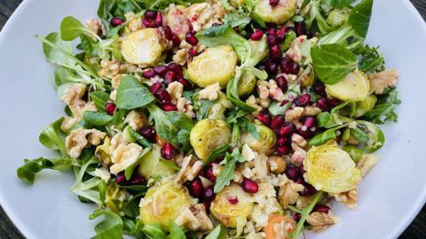 Warmer Wintersalat mit Granatapfel, Feldsalat, Rosenkohl und Waln&uuml;ssen &ndash; herzhaft und winterliches Rezept.