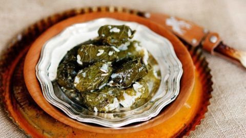 Gefüllte Weinblätter liegen auf einem dekorativen Teller und werden als vegane Antipasti serviert, freundlich angerichtet.