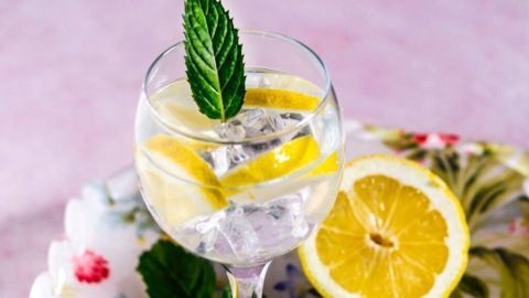 Ein Glas mit Zitronenbowle und Eiswürfeln steht auf einem dekorativen Tablett mit bunten Blumenmotiven.