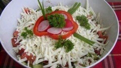 Eine Schüssel Schopska-Salat mit geriebenem Käse, garniert mit Paprikaringen, Radieschen und frischen Kräutern auf einem Tisch.