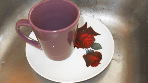 Eine lila Tasse steht auf einem weißen Teller mit Rosenmotiven im Waschbecken, bereit zum Abwasch ohne Sauerei.