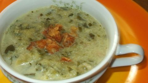 In einer eleganten Schüssel liegt eine cremige Kohlrabischaumsuppe, garniert mit Krümeln und frischen Kräutern, auf einem orangefarbenen Teller.