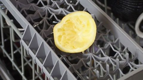 Spülmaschinen-Muff beseitigen mit ausgepresster Zitrone. Eine ausgepresste Zitrone liegt in einer Spülmaschine, um unangenehme Gerüche zu neutralisieren und für Frische zu sorgen.