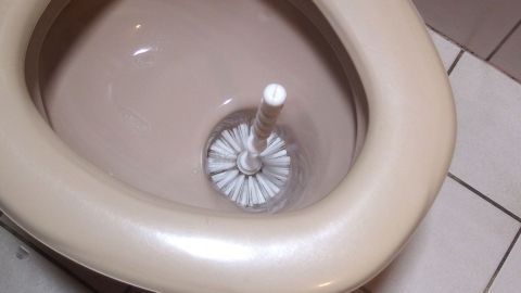 Klobürste in einer Toilette, die zum Reinigen benutzt wird, um Hygiene im Badezimmer zu gewährleisten.