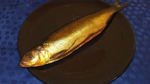 Ein goldbraun geräucherter Fisch liegt auf einem schwarzen Teller, bereit zur Zubereitung und zum Servieren.