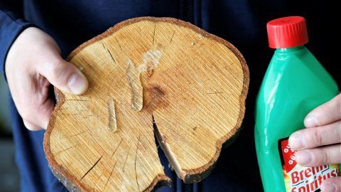 Mithilfe von Spiritus lassen sich Harzflecken sehr gut entfernen - garantiert ganz einfach und schnell. Ein Holzstück mit Harzflecken wird von einer Person gehalten, während sie eine Flasche Spiritus daneben zeigt.