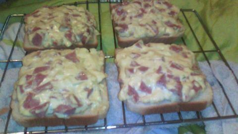 Vier getoastete Brotscheiben mit einer Schmelzkäse- und Frühstücksfleisch-Belag stehen auf einem Gitter, um abzukühlen.