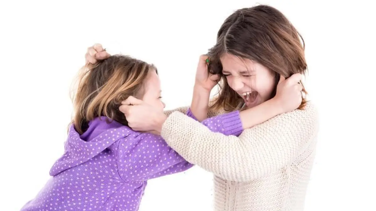 Zwei Kinder streiten, ziehen an den Haaren, beide mit w&uuml;tendem Gesichtsausdruck, vor wei&szlig;em Hintergrund.