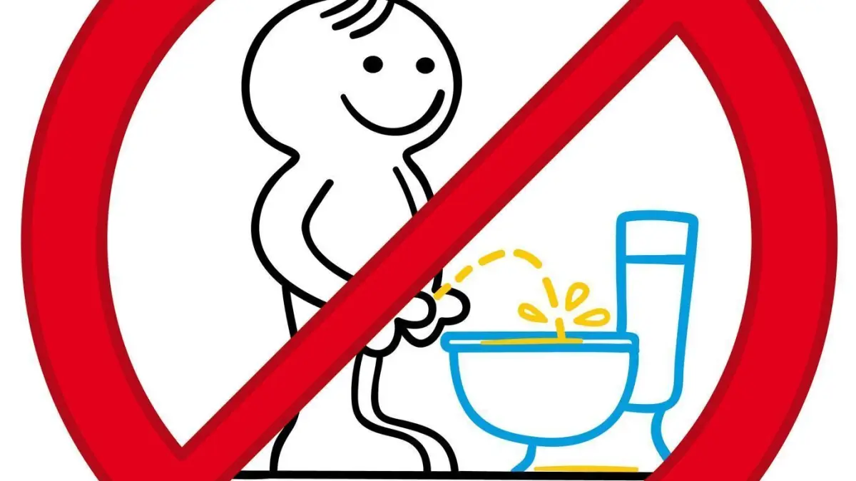 Ein durchgestrichenes Symbol zeigt einen fr&ouml;hlichen Mann, der an einer Toilette urinieren m&ouml;chte, veranschaulicht Stehen.