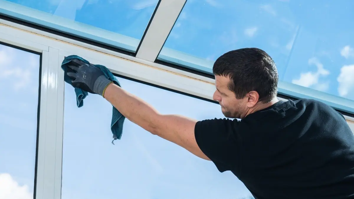 Mann putzt ein Fenster mit einem Tuch, Sonnenlicht f&auml;llt durch das Glas ein, klarer blauer Himmel mit einigen Wolken drau&szlig;en.