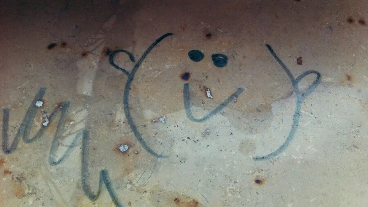 Ein brauner Untergrund zeigt einen Edding-Schriftzug und ein Smiley, das Flecken auf der Oberfl&auml;che hinterl&auml;sst.