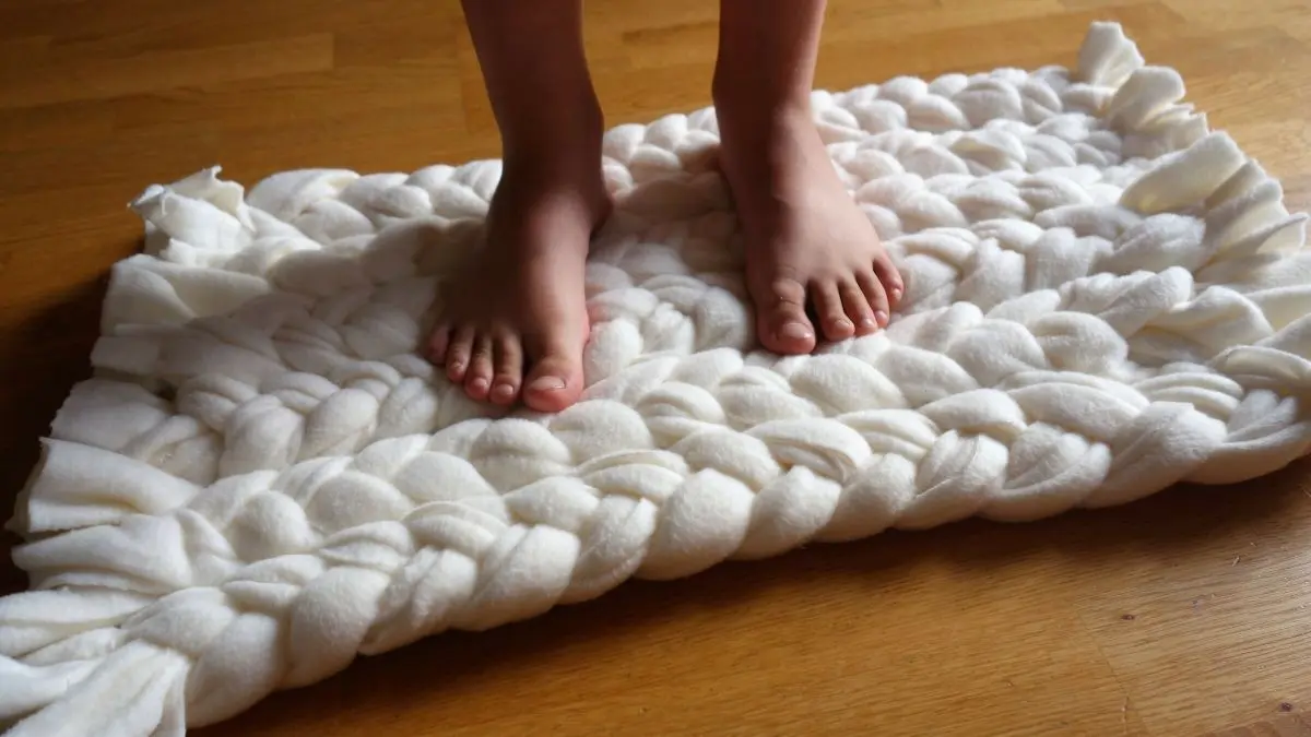Eine Badematte aus einer alten Fleecedecke wird von F&uuml;&szlig;en betreten, die auf einem Holzfu&szlig;boden stehen.