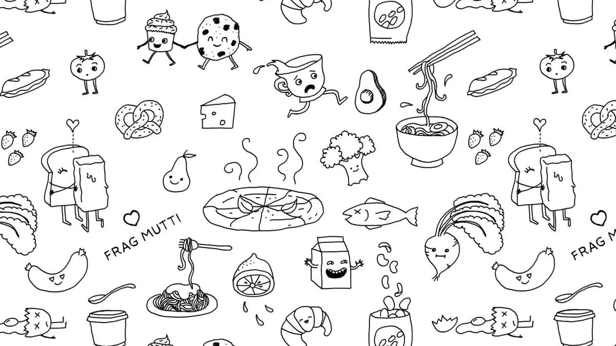 Bunte Speisenillustrationen zeigen das Essen, um einen w&ouml;chentlichen Essensplan zu gestalten. Ein kreativer kulinarischer Hintergrund.