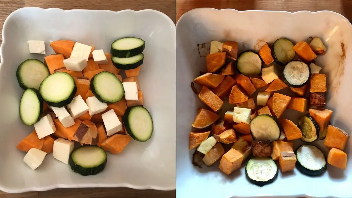 Eine Schale mit ungarisch geschnittenen S&uuml;&szlig;kartoffeln und Hirtenk&auml;se, bereit zum Backen in einer warmen K&uuml;che.