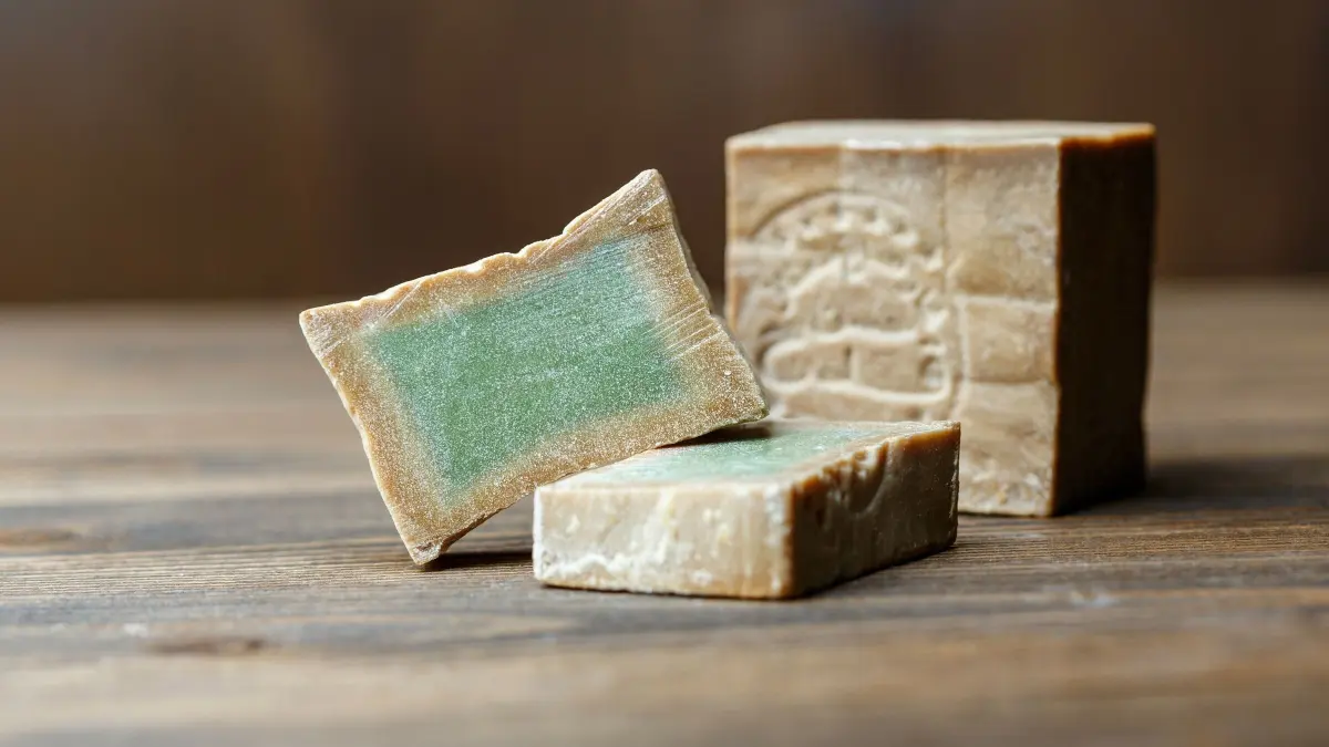 Nat&uuml;rliche Seifenst&uuml;cke liegen auf einem Holztisch, perfekt zum L&ouml;sen von trockener juckender Haut nach dem Duschen.