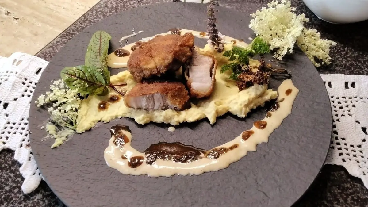 Panierter Schweinebauch liegt auf einem Selleriep&uuml;ree, dekoriert mit Kr&auml;utern und einer exquisiten Sauce auf einem Teller.