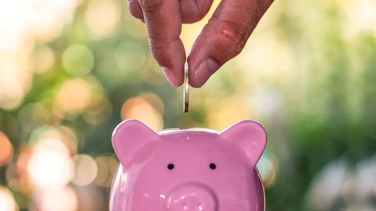 Eine Hand wirft eine M&uuml;nze in ein rosa Sparschwein, um Geld zu sparen und kochen mit wenig Geld zu erm&ouml;glichen, im Garten.