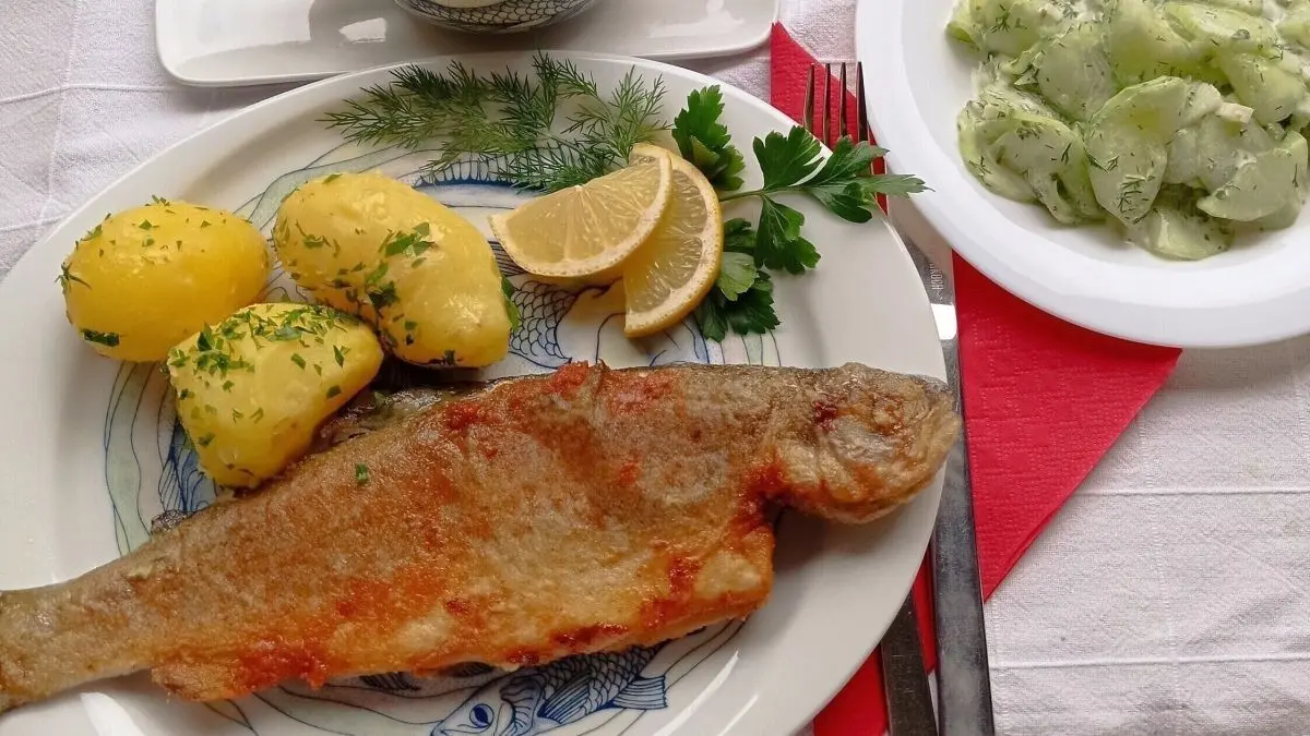 Ein knusprig gebratenes Forellenfilet liegt neben Petersilienkartoffeln und Salat auf einem dekorativen Teller, erg&auml;nzt mit Sauce.