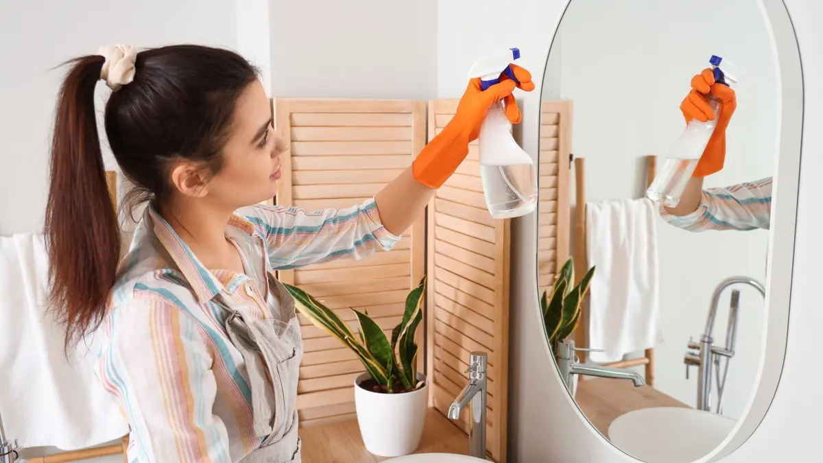 Eine Frau reinigt einen Spiegel mit einem Spray in einem Badezimmer, um f&uuml;r mehr Klarheit und Sauberkeit zu sorgen.