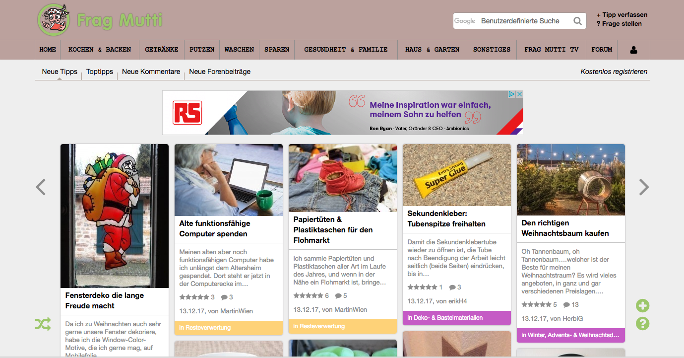 Von 2015 bis 2019 zierte die Website von Frag Mutti ein helles braun. Die Schriftart der Navigation besaß einen DIY-Charakter.