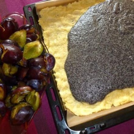 Pflaumen-Mohn-Kuchen auf dem Blech gebacken