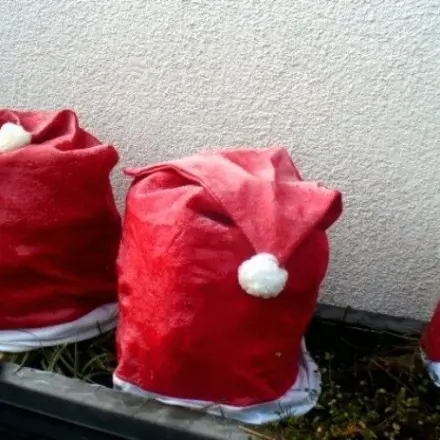 Stauden dekorativ vor Frost schützen mit Hussen und Nikolausmützen