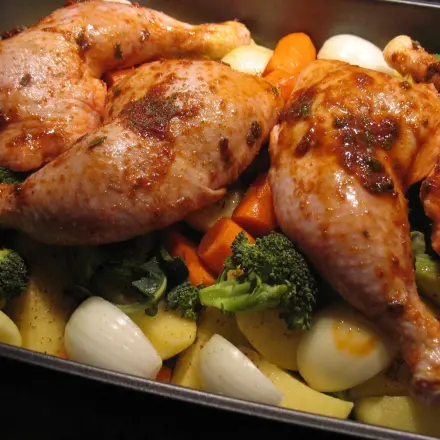 Marinierte Hähnchenschenkel auf Gemüsebett aus dem Backofen