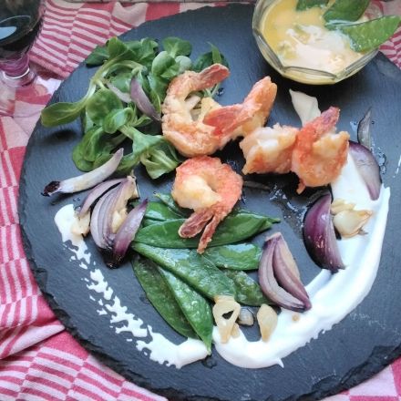 Black Tiger Garnelen mit Eierlikör-Velouté-Soße