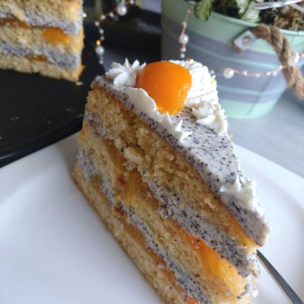 Käse-Sahne-Torte mit Aprikosen und Mohn
