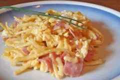 Sp&auml;tzle mit R&uuml;hrei, Schinkenw&uuml;rfeln und K&auml;se