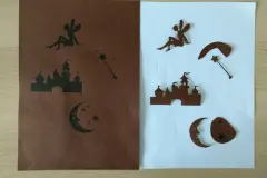 Beim Ausschneiden einer Silhouette unbedingt mit den Innenbereichen beginnen, weil man durch den noch au&szlig;en befindlichen Karton quasi &bdquo;Halt&ldquo; hat - also: Von innen nach au&szlig;en arbeiten.