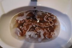 Die Jute wurde von Hand gewaschen und weichte dann im Becken ein: Farb- und Faserreste wurden herausgel&ouml;st.