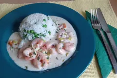Garnelen in Wei&szlig;wein-Sahnesauce mit Reis